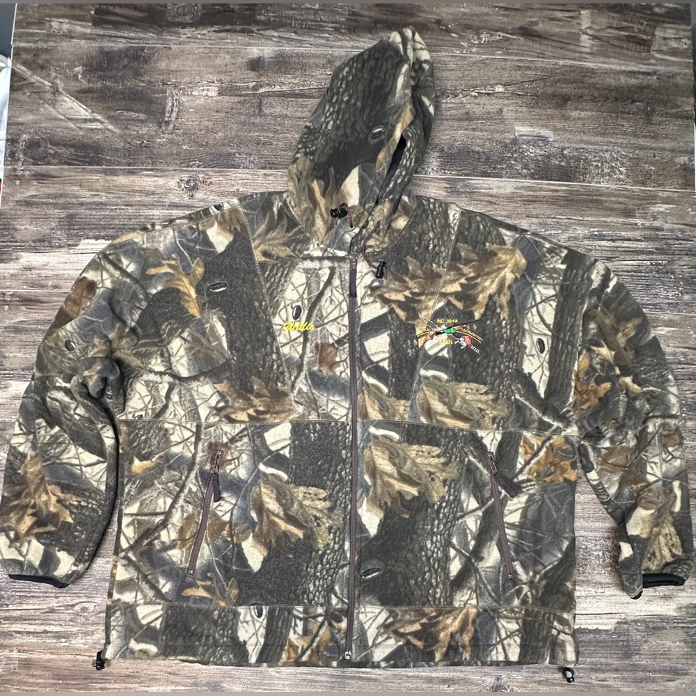 Cabela’s Camo Fleece Hooded Jacket 2XL Hunting Outdoor Full Zip - GUC
